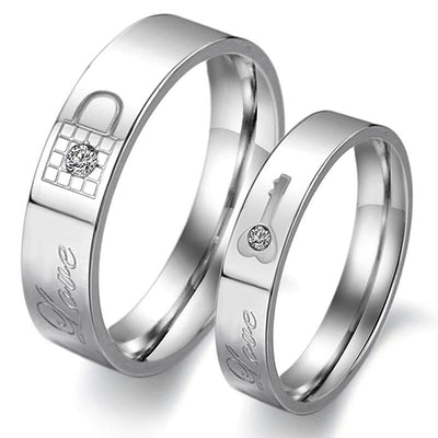 Stainless Steel Love His & Hers Key Lock Couple Ring Set Jewelry Handled
