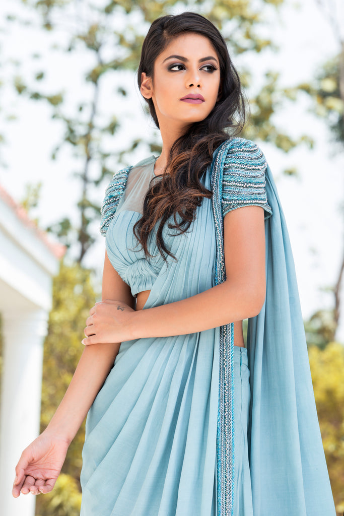 Ice Blue Knotted Draped Saree by Dheeru and Nitika