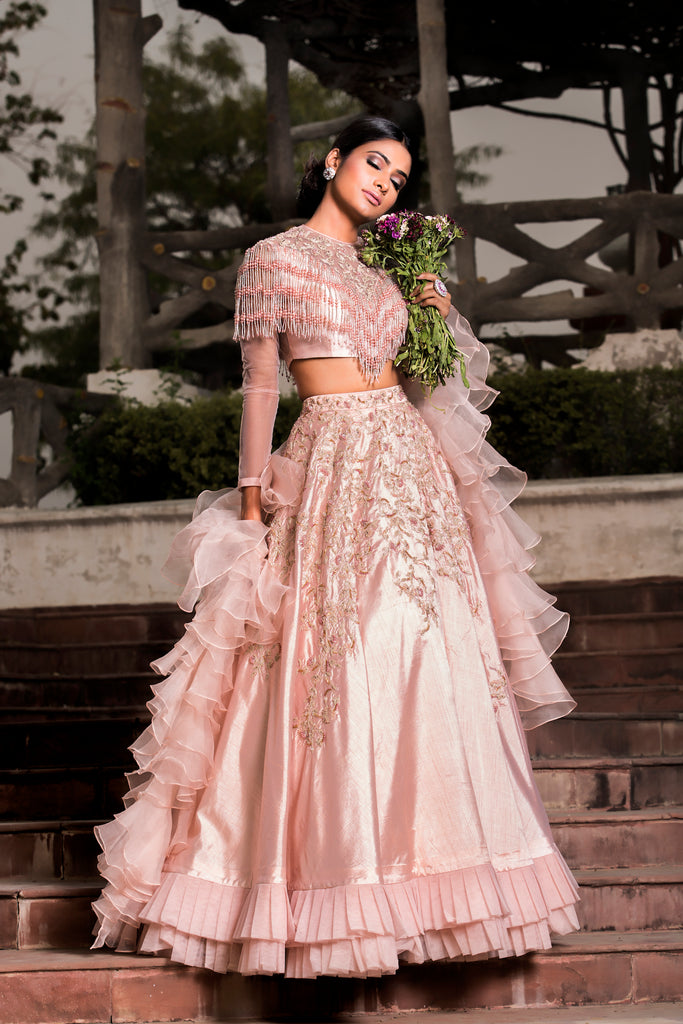 ROSE PINK TASSELED LEHENGA SET BY DHEERU AND NITIKA