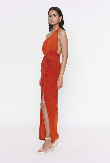 Rust one shoulder gown