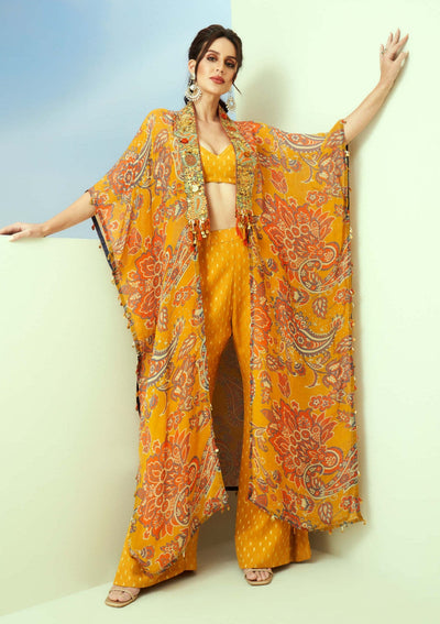 Mustard Crop Top with Flared Sleeves and Palazzo Set – Sanya Gulati