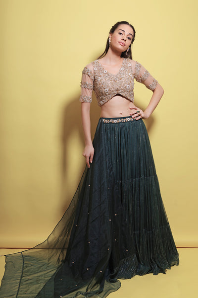 Nyra Gold Embroidered Feather Lehenga Set | Saanjh by Lea | Lea Clothing Co  | Aza fashion, Gold lehenga, Cocktail outfit