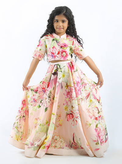 Girl's One Shoulder Floral Lehenga Set - A.T.U.N.