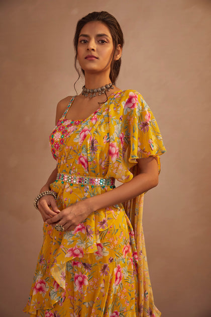 Aneesh Agarwaal | Yellow Floral Drape Saree Set | INDIASPOPUP.COM