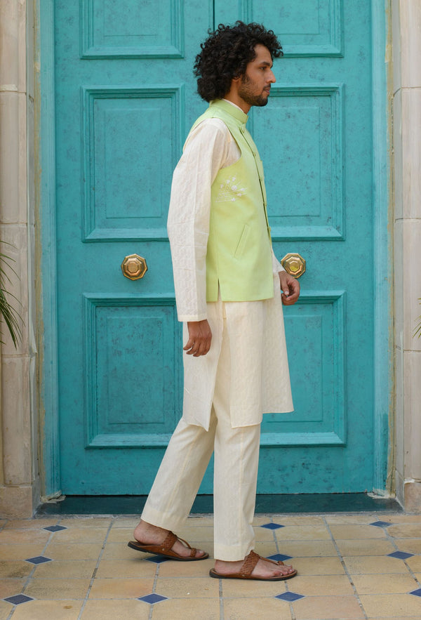 Littleens-Green Embroidered Nehru Jacket Kurta Set-INDIASPOPUP.COM