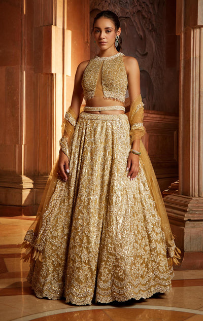 Online Wedding Reception Lehenga In Brass Net – ShreeFashionWear