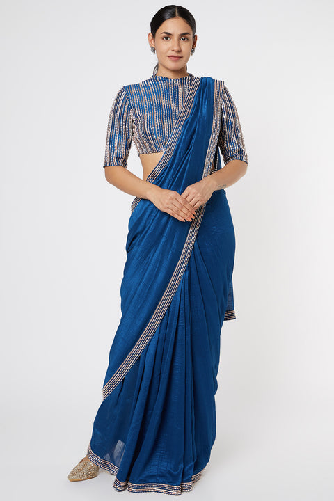 Pink Peacock Couture | Blue Embroidered Saree | INDIASPOPUP.COM