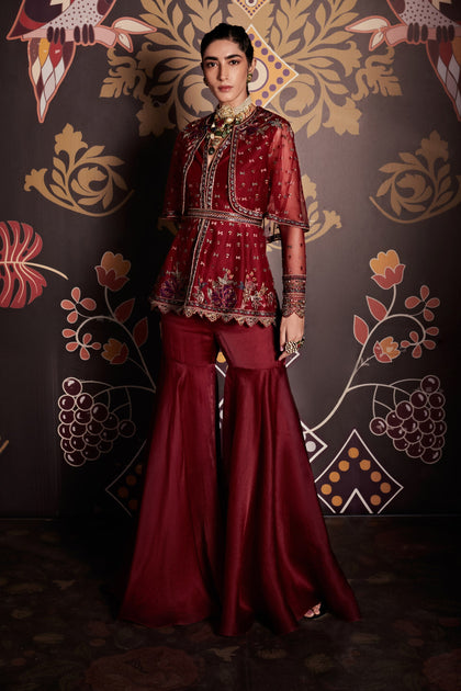 Ridhi Mehra | Rukm Burgundy Gharara Set | INDIASPOPUP.COM