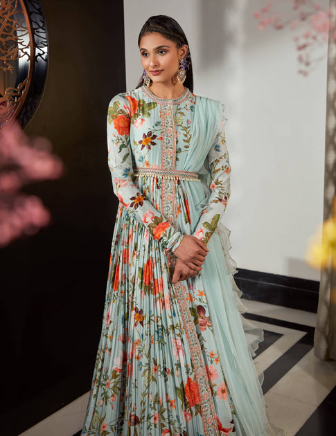 Ridhi Mehra | Rue Sea Green Embroidered Anarkali Set | INDIASPOPUP.COM