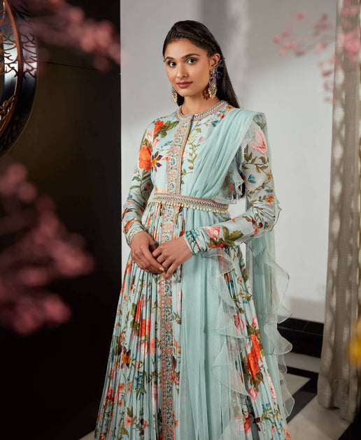 Ridhi Mehra | Rue Sea Green Embroidered Anarkali Set | INDIASPOPUP.COM