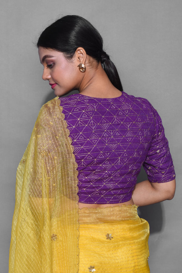 purple and yellow blouse