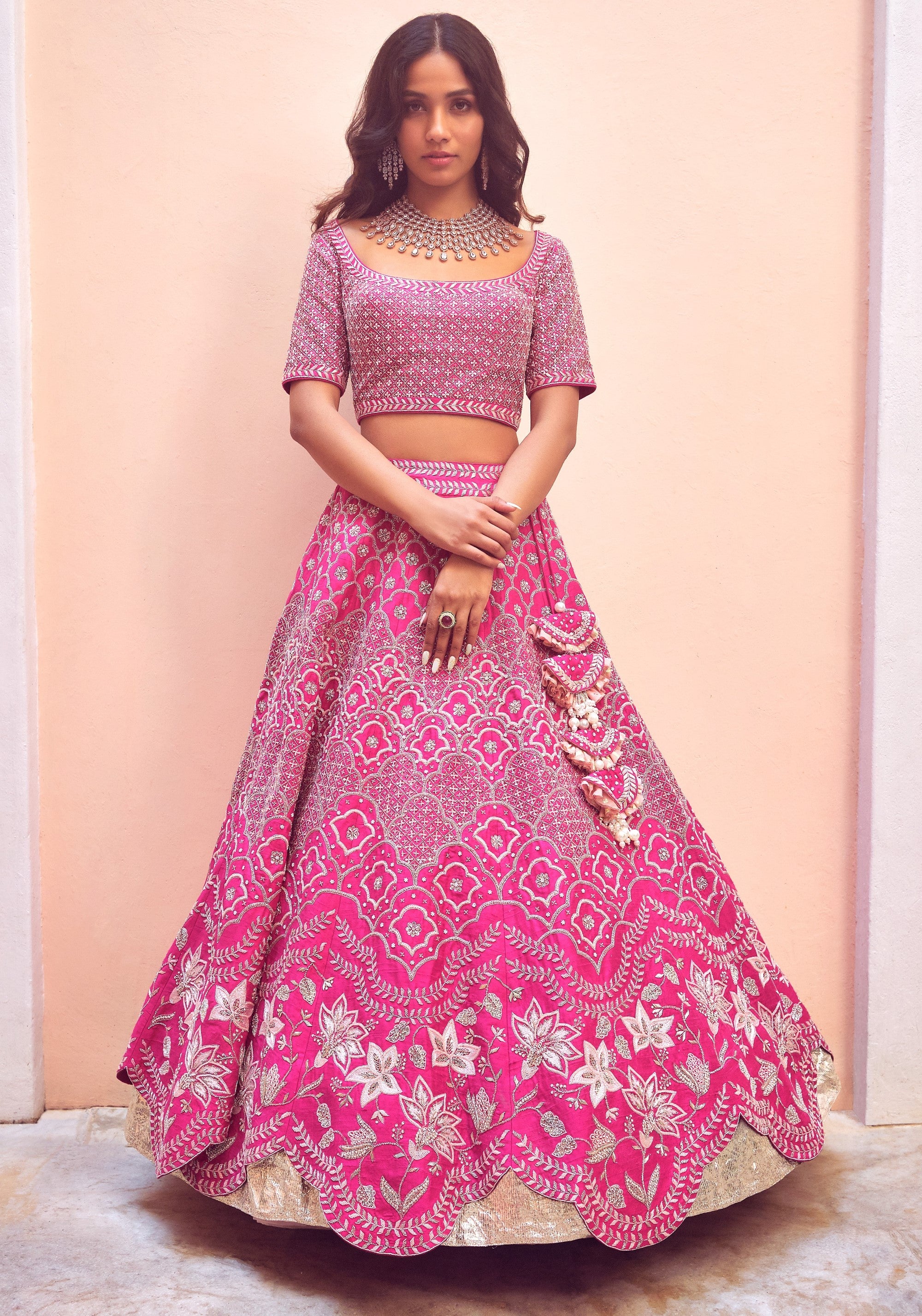 Mishru | Bright Pink Embroidered Lehenga Set With Dupatta | INDIASPOPUP.COM