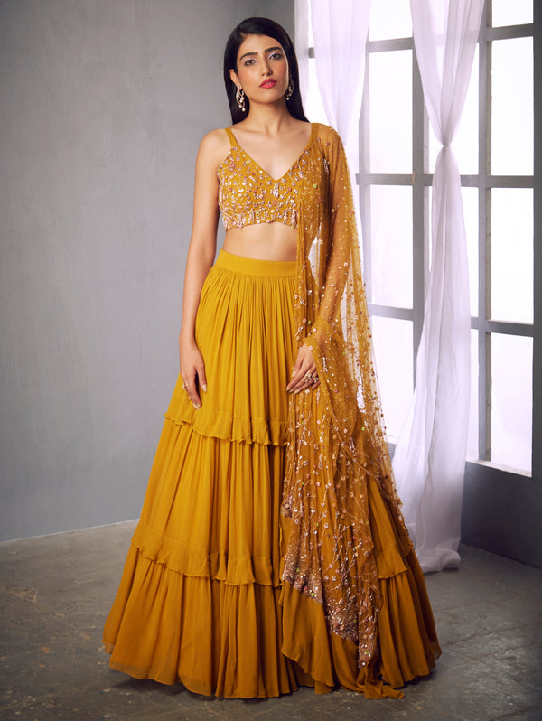 Shloka Khialani | Mustard Blouse With Lehenga & Dupatta | INDIASPOPUP.COM