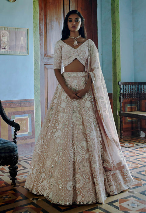 Mishru | Nude Pink Iris Lehenga Set | INDIASPOPUP.COM