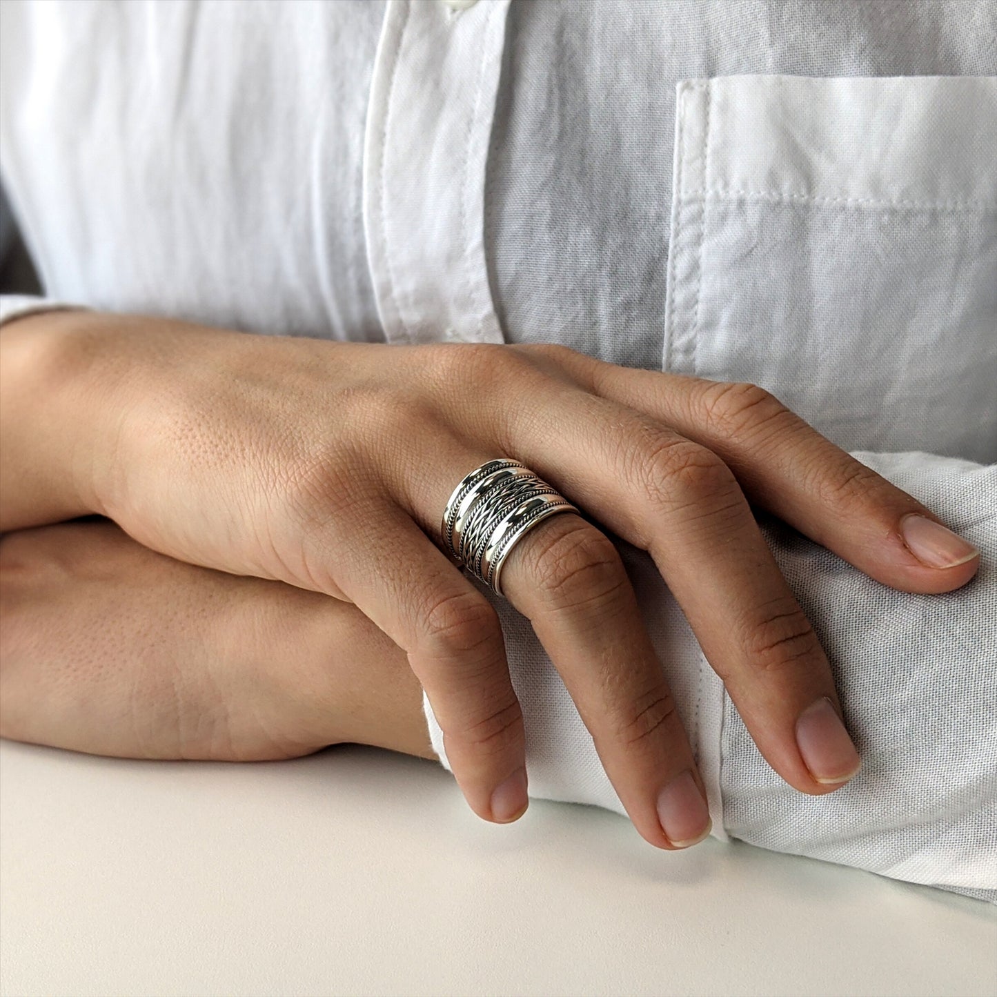 Sterling Silver Braided and Twisted Bali Wide Band Ring with Face