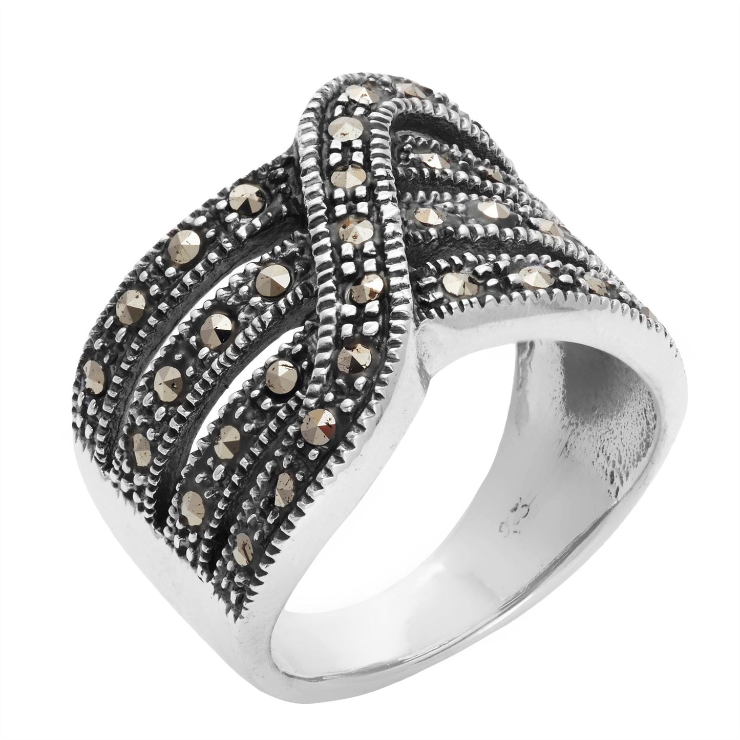 Sterling Silver Multi-Layer Crossover Braided Ring, Marcasite