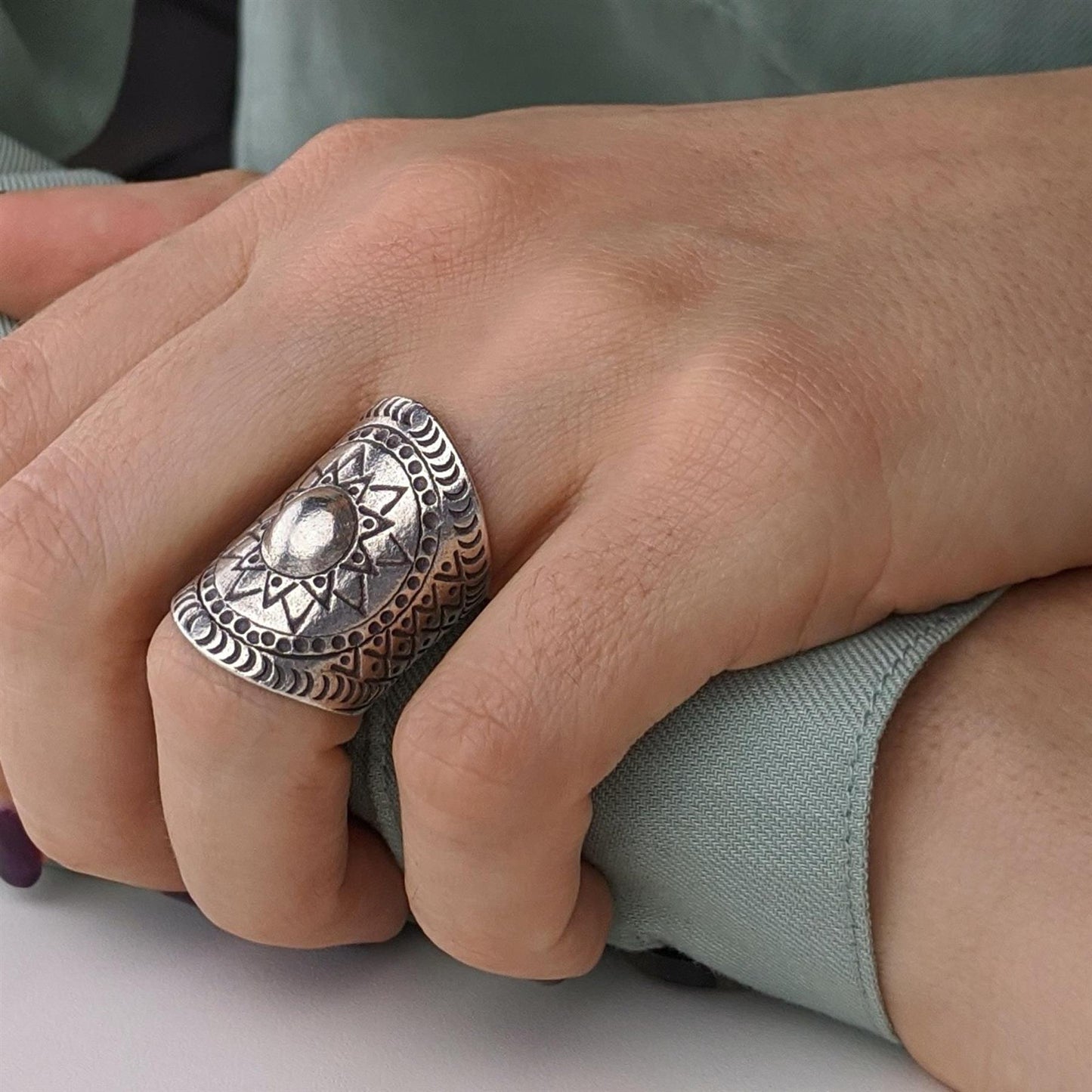 Karen Hill Tribe Silver Sun Motif Armour Ring | Disc Half-Finger