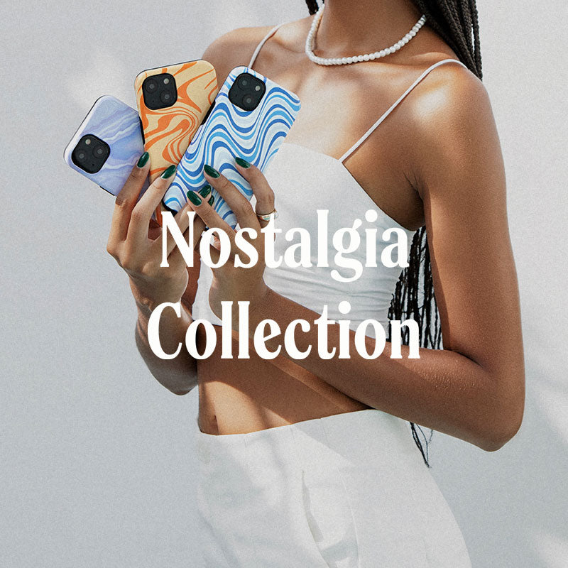 Woman holding three smartphones with colorful cases, 'Nostalgia Collection' text overlay.