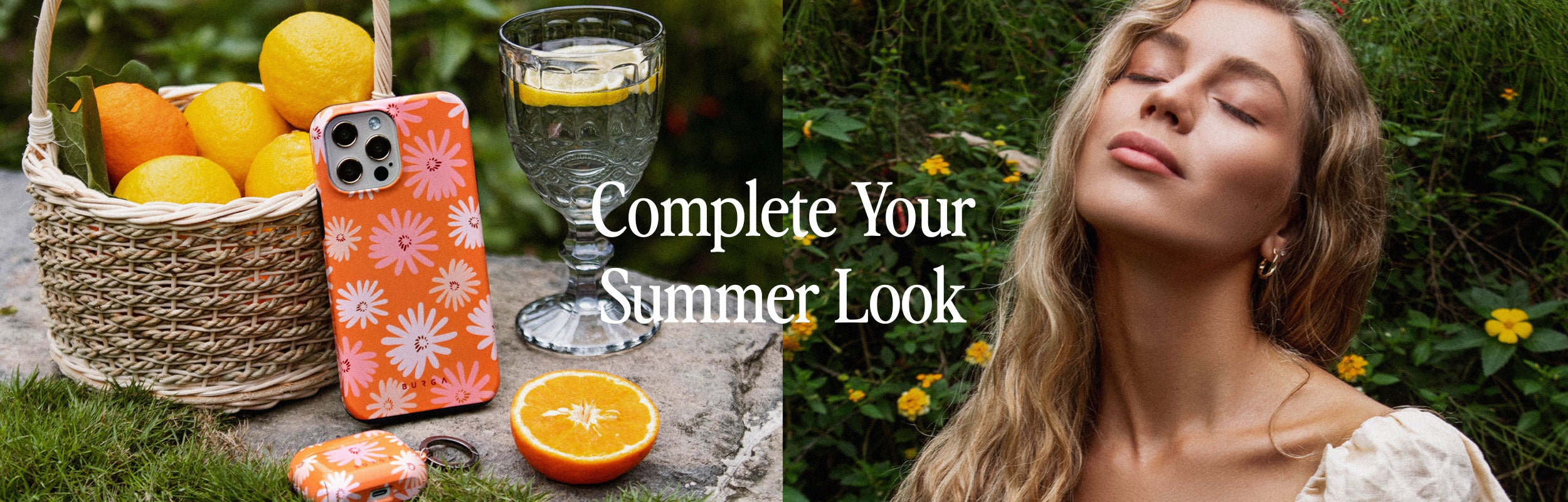 'Summer-themed advertisement with oranges, a decorated phone case, glass of water, and a woman relaxing outdoors.'