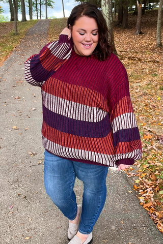 Family Photo Style Guide - Take All Of Me Burgundy & Navy Stripe Oversized Sweater - Sizes S-3X