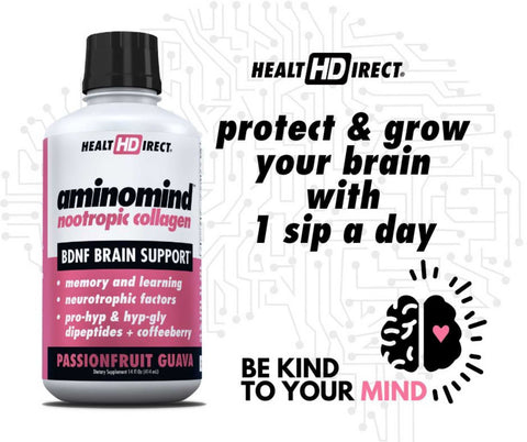 Be Kind To Your Mind with Just 1 simple tablespoon a day of liquid AminoMind with CollaBrain 3 x hydrolyzed liquid collagen.