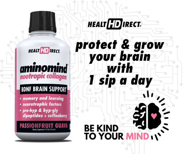 Be Kind To Your Mind with Just 1 simple tablespoon a day of liquid AminoMind with CollaBrain 3 x hydrolyzed liquid collagen.