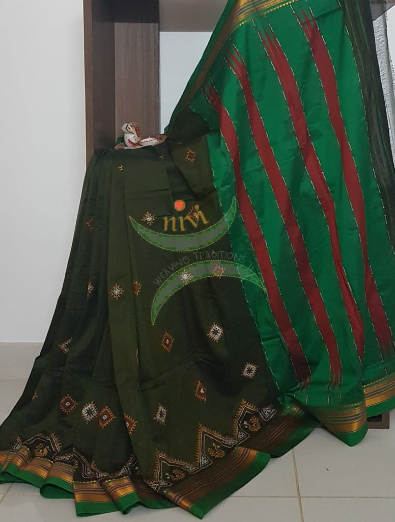 Mehendi green silk cotton ilkal with traditional peacock motif kasuti ...