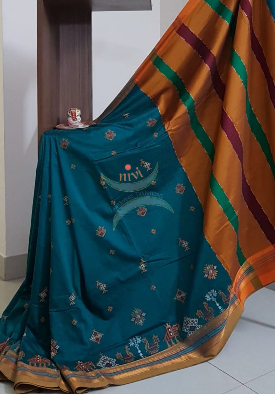 Teal cotton blend ilkal with traditional kasuti embroidery – Nivi ...