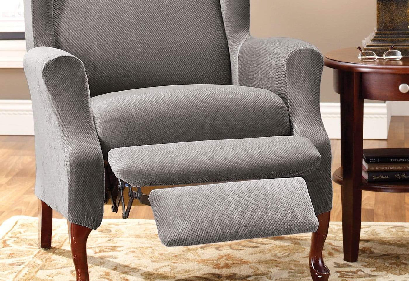 Cream Surefit Stretch Pique Reclining Wing Chair Slipcover Home