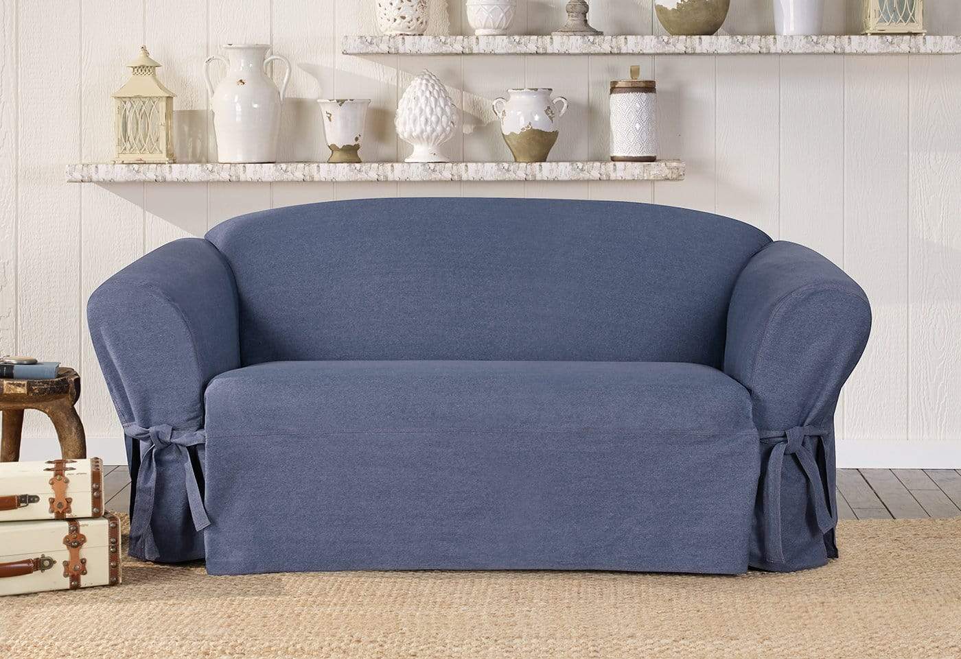 denim slipcovered loveseat