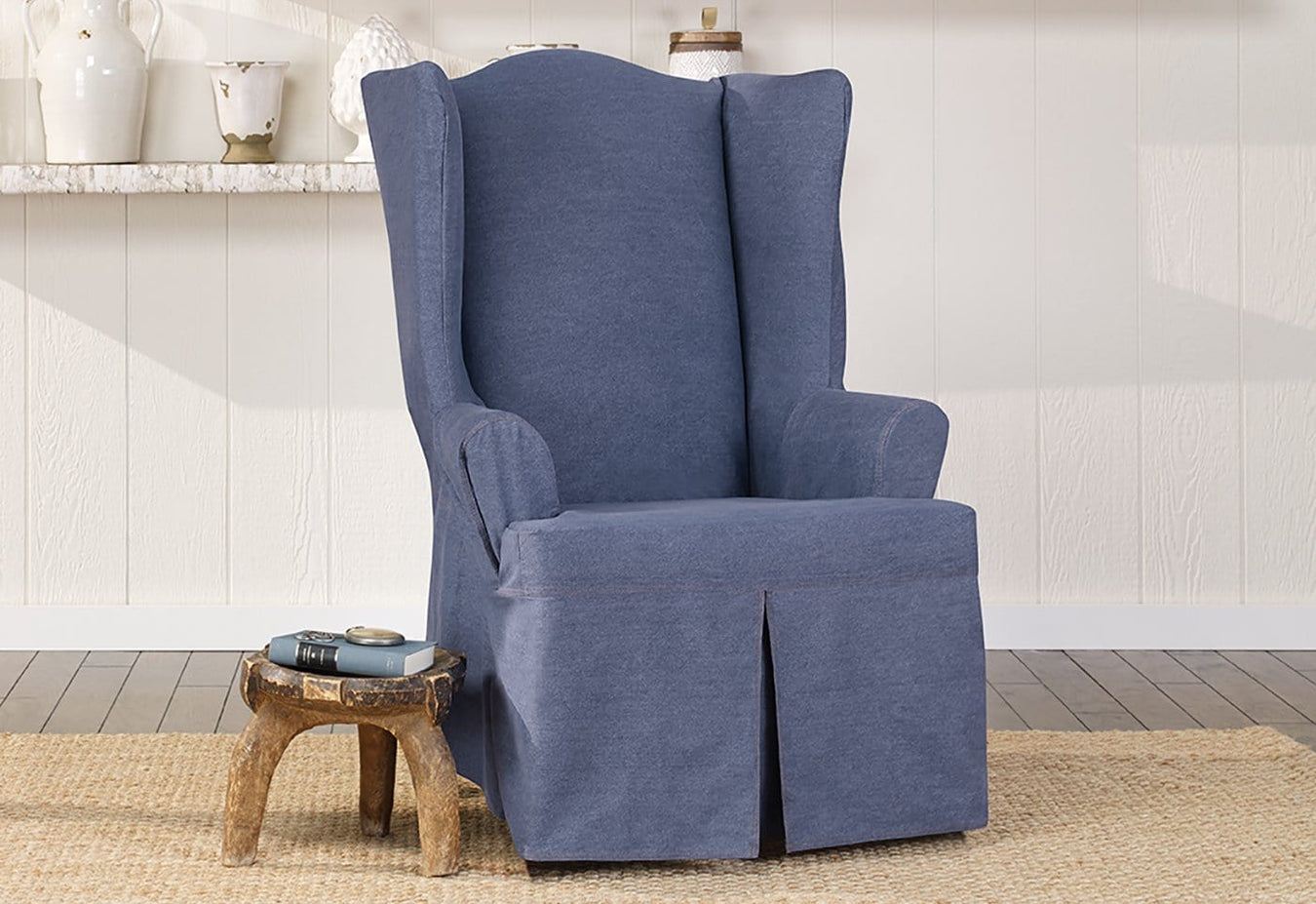 Authentic Denim One Piece Wing Chair Slipcover Slipcovers For