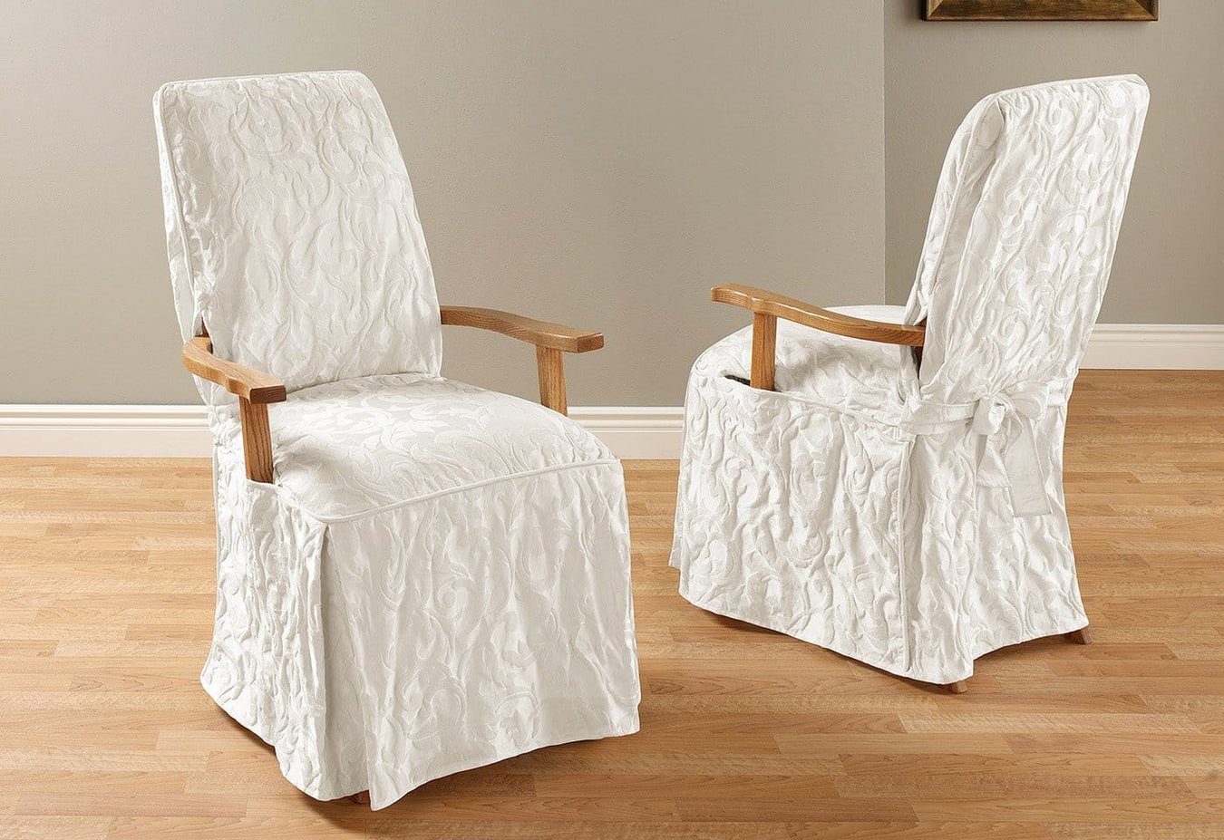 Matelasse Damask Long With Arms Arm Long Dining Chair Slipcover Surefit