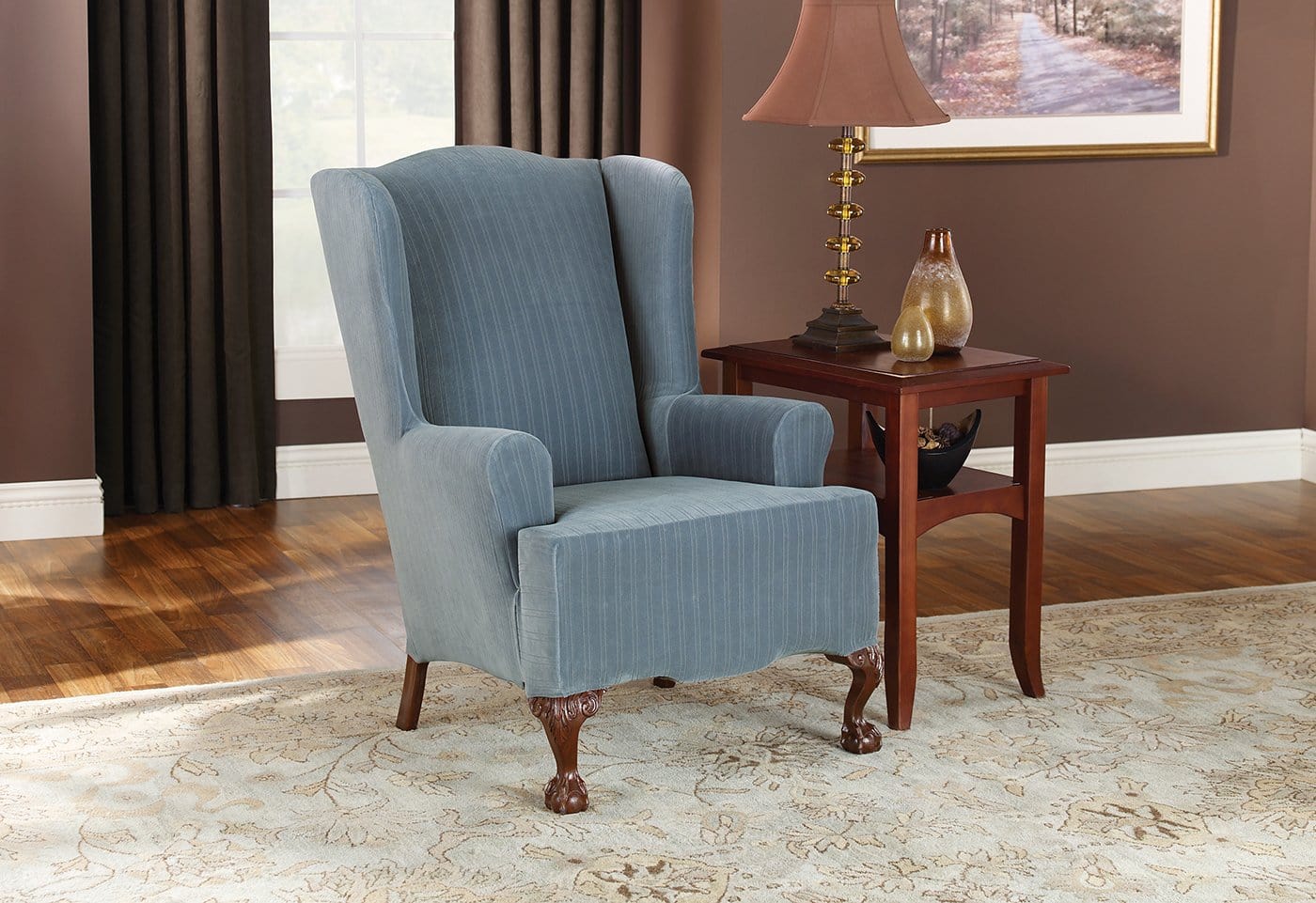 Photos - Furniture Cover SureFit Stretch Pinstripe One Piece Wing Chair Slipcover | T-Cushion | Mac