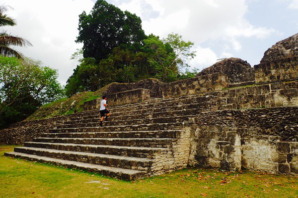 Climbing the smaller palace of Xunantunich (shoe-nan-too-nich), Cayo district, Belize