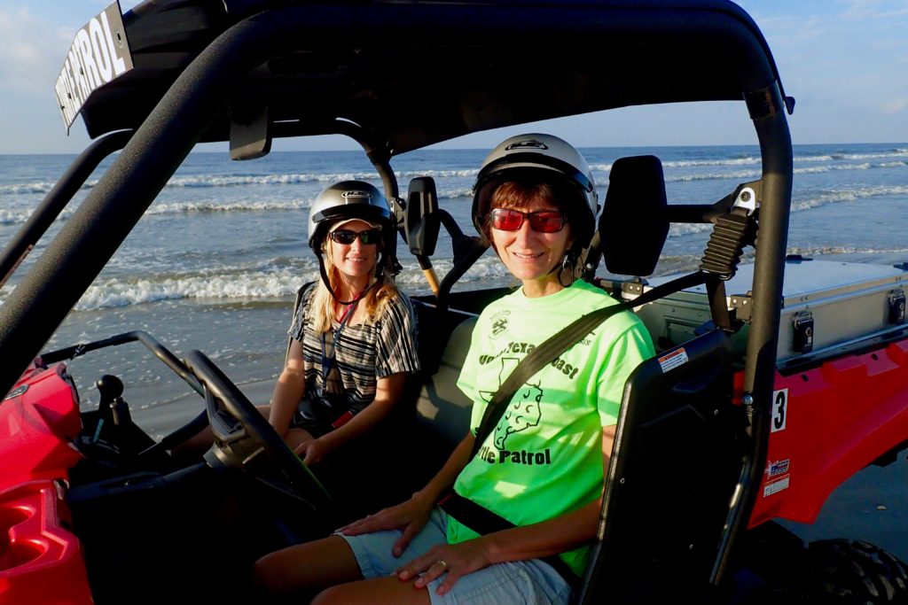 Joanie Steinhaus and I on morning sea turtle patrol on Galveston Island.