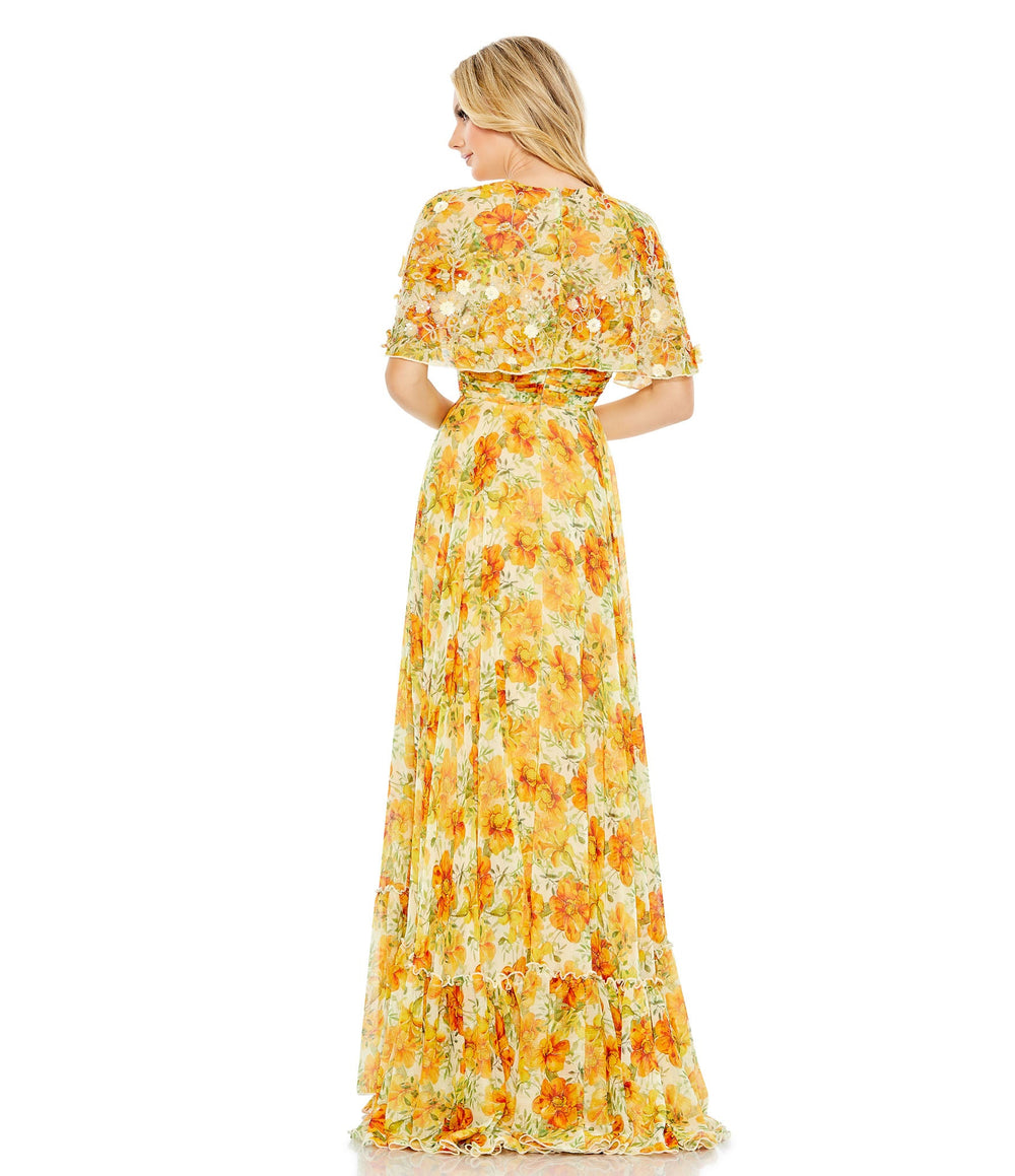 High Neck Floral Embellished Trapeze Gown