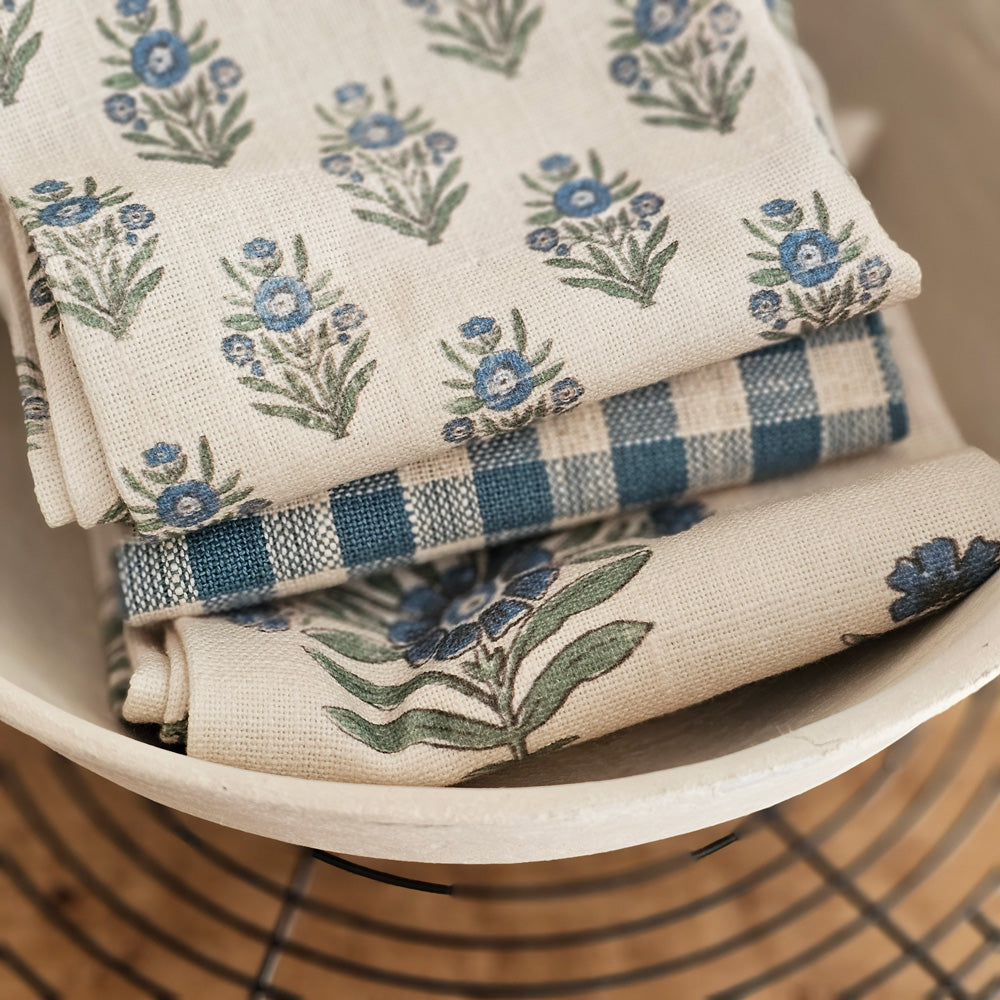 Embroidered Dish Towel with Delft Blue Sprig - Farmhouse Wares