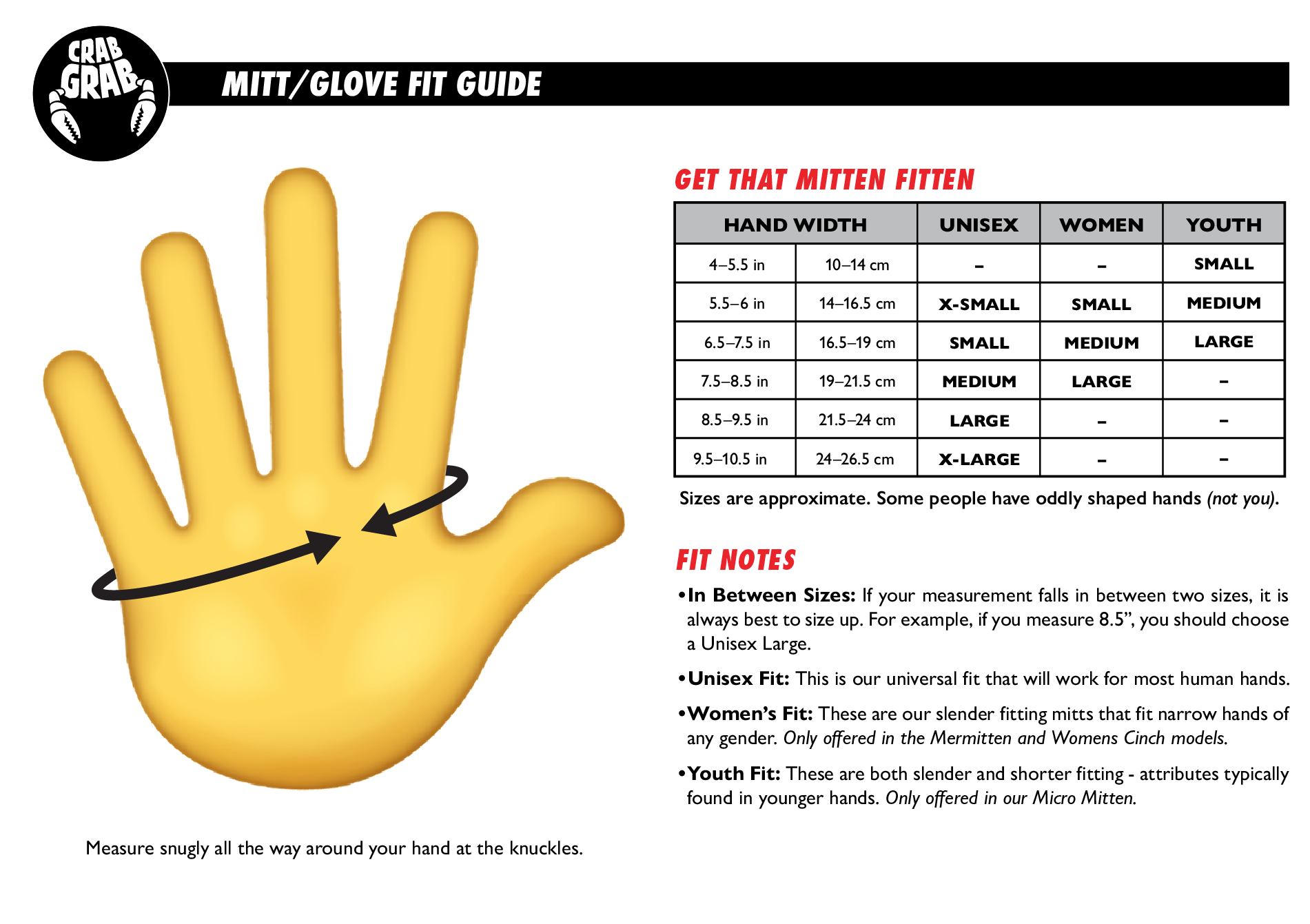 Crab Grab Mitten and Glove Fit Guide