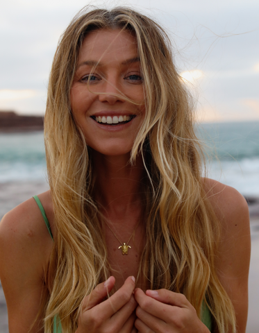 Model and Surfer, Imogen Brown wears Linneys Loggerhead Turtle Necklace