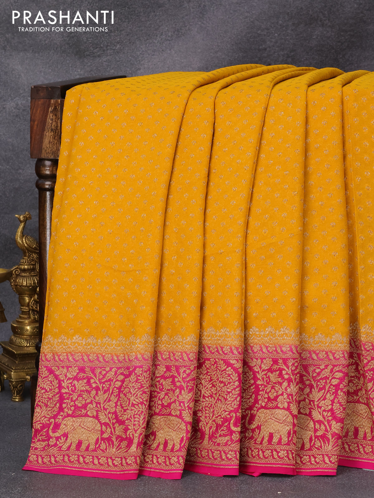 Dual Shade Pure Georgette Banarasi Bandhej Handloom Saree | The Handlooms