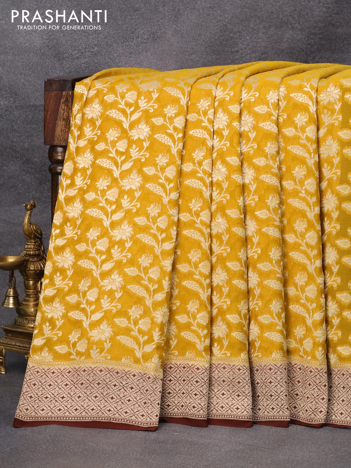 Buy Mustard Yellow Khaddi Banarasi Georgette Saree online-Karagiri