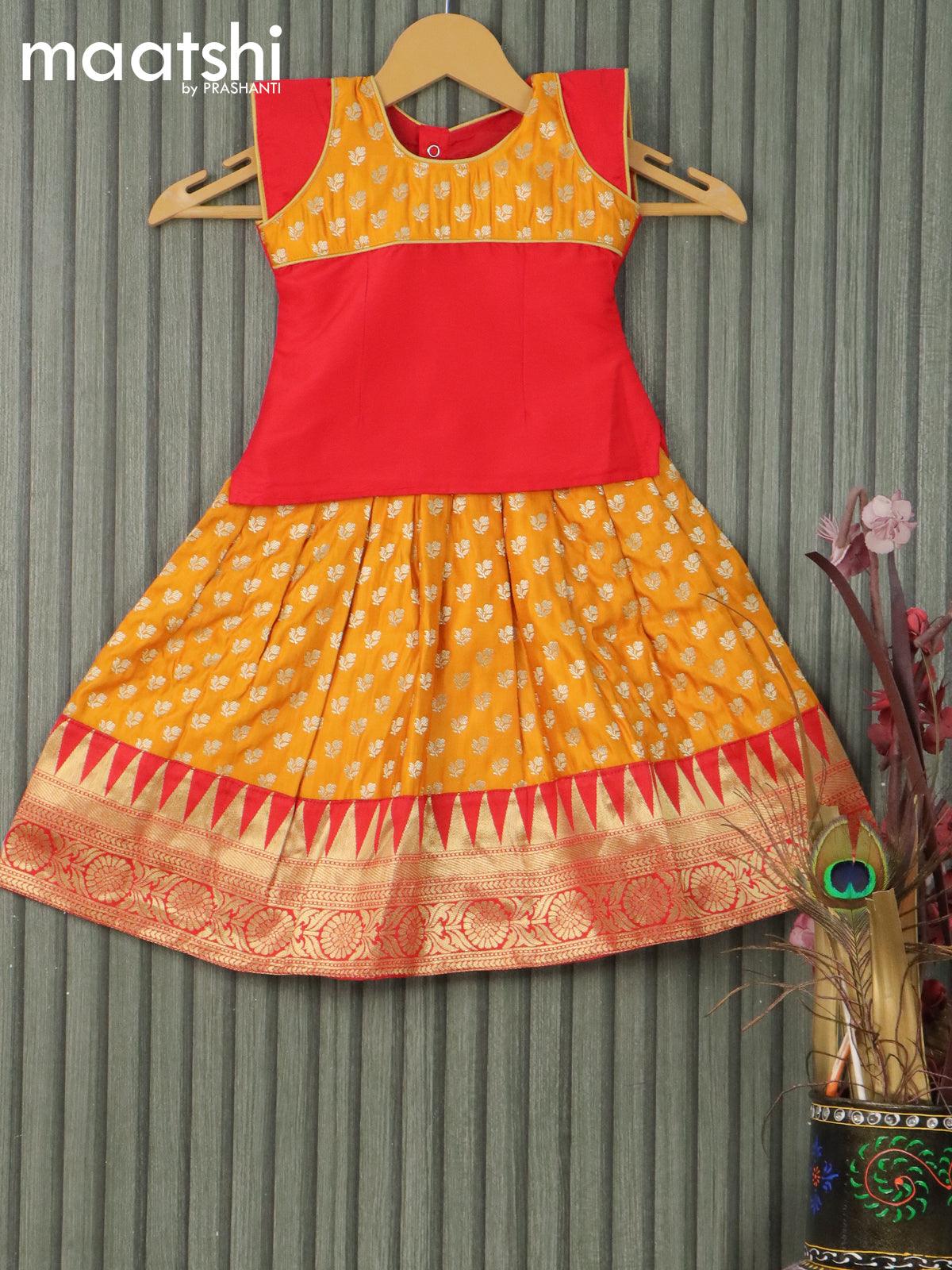 Banarasi kids lehanga red and yellow with patch work neck pattern and –  Prashanti Sarees