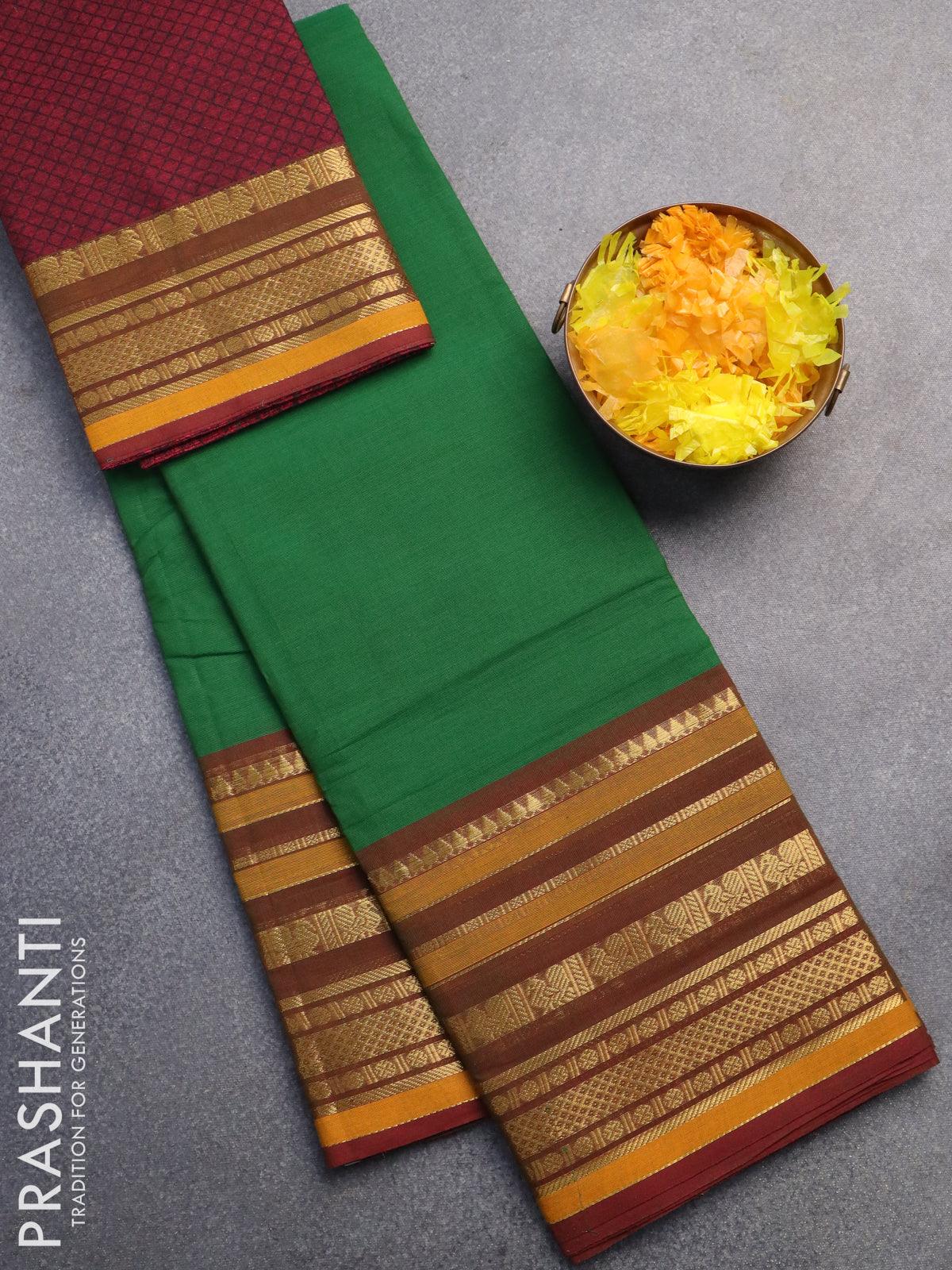 Madurai Sungadi Cotton Small Checks Saree - Maroon with Sandal – Looms  Legacy