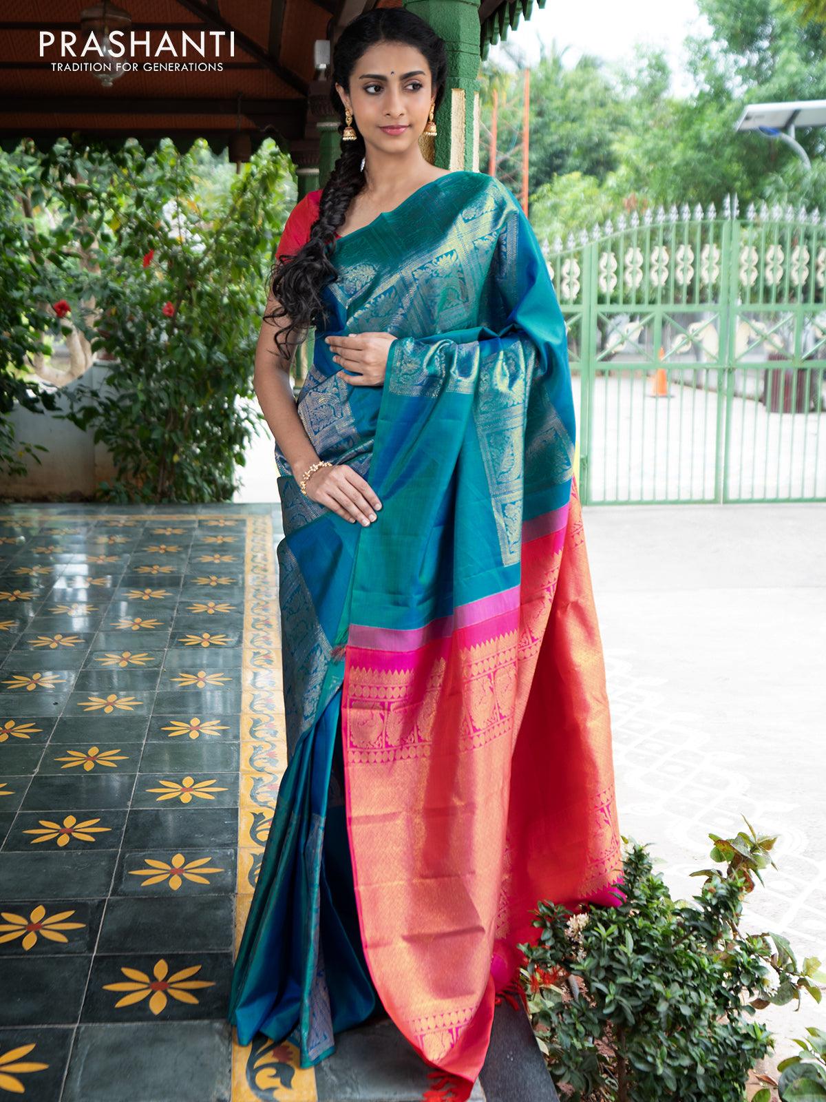 Vintage Blue 100% Pure Kanjivaram Silk Sarees Zari Woven Big Border Sari  Fabric | eBay