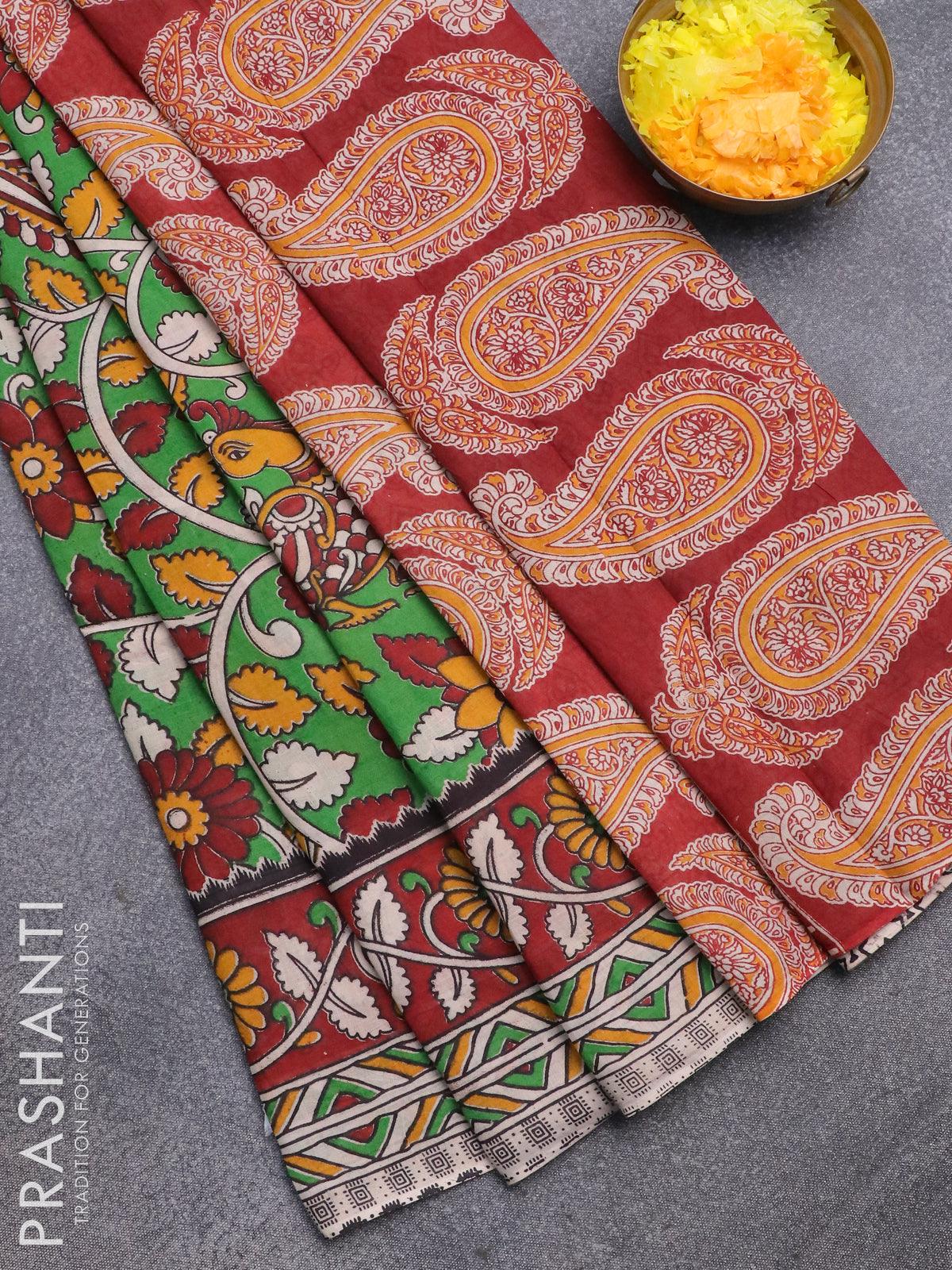 Printed silk saree brown and orange with allover kalamkari prints and – Prashanti  Sarees