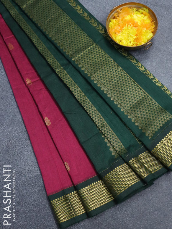 Kalyani cotton saree magenta pink and green with thread woven buttas a –  Prashanti Sarees