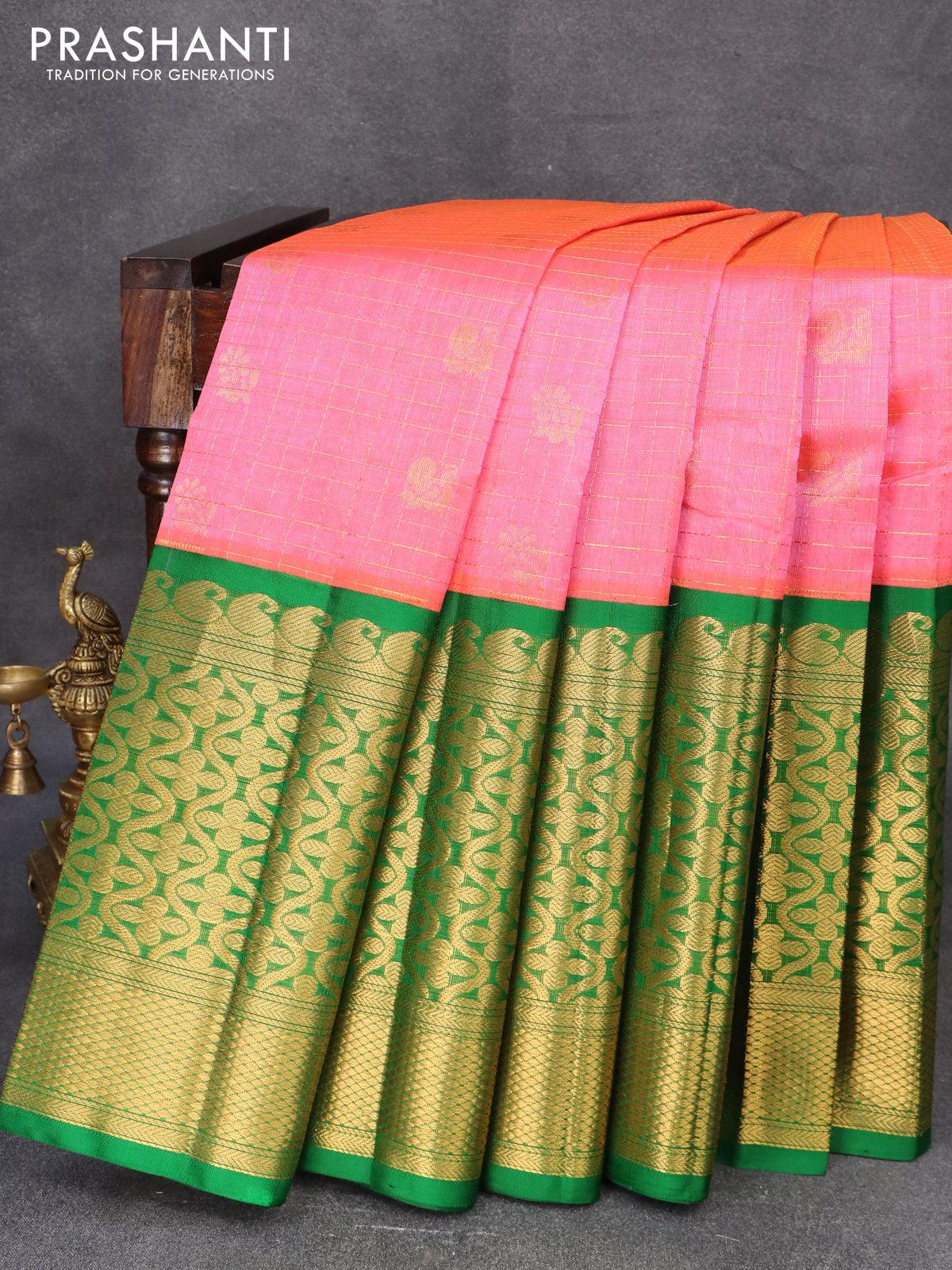 Kuppadam silk cotton saree light pink and green with plain body and re –  Prashanti Sarees