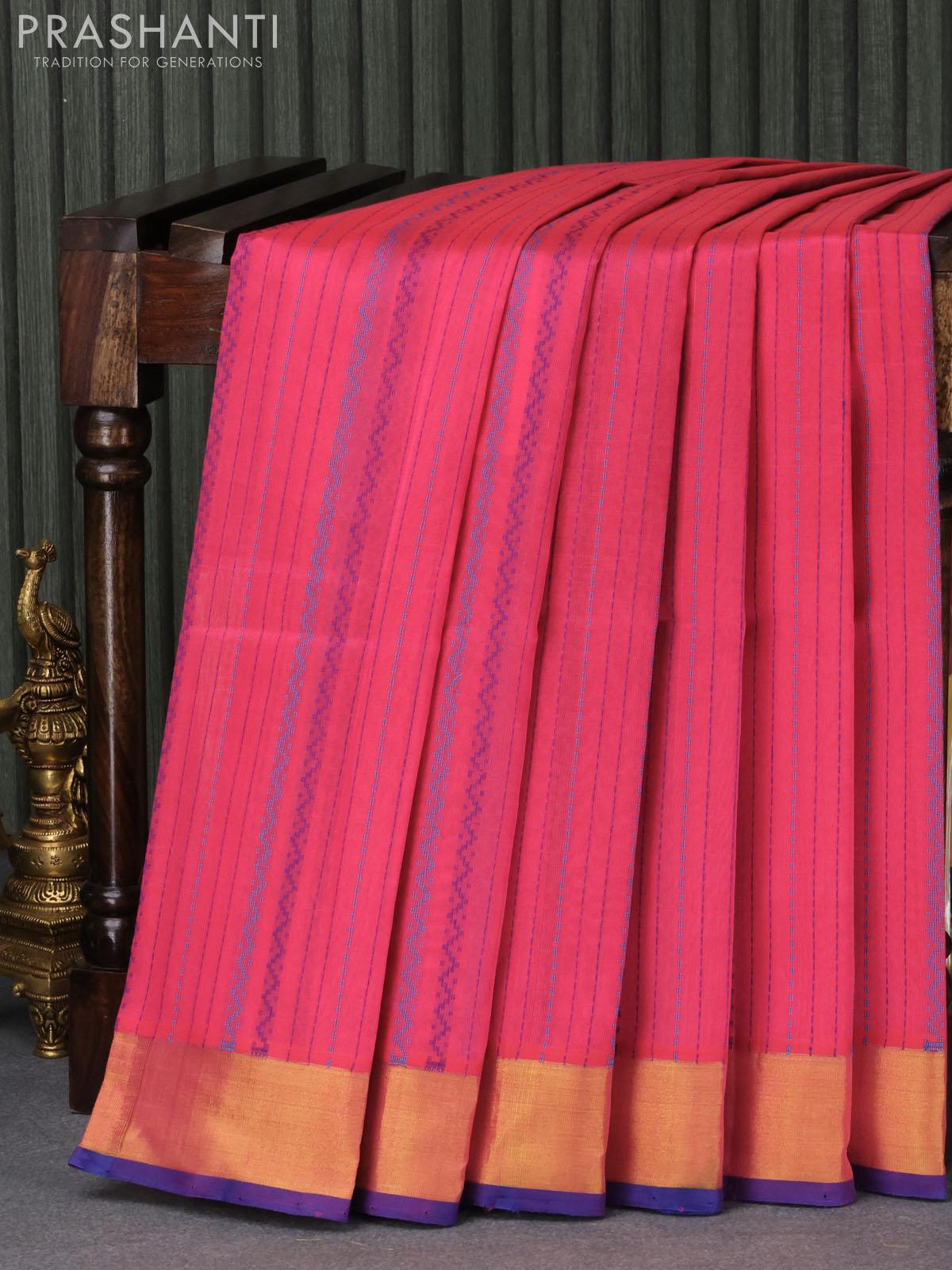 Mul cotton saree teal green with allover prints and small zari woven border  at 85000 by Prashanti – Prashanti Sarees
