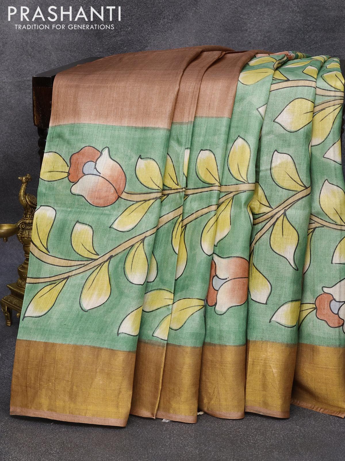 Tissue kota saree grey shade with allover kalamkari applique work and – Prashanti  Sarees