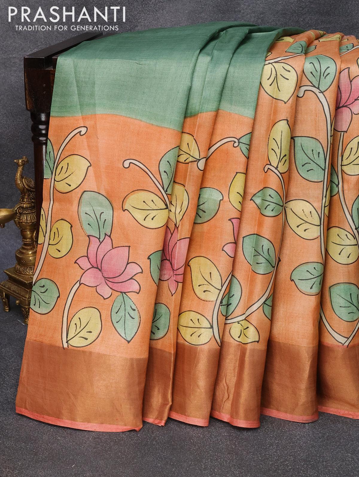 Tissue kota saree peach pink with allover kalamkari applique work and – Prashanti  Sarees